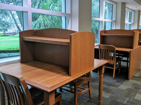 study carrels on the second floor of the library