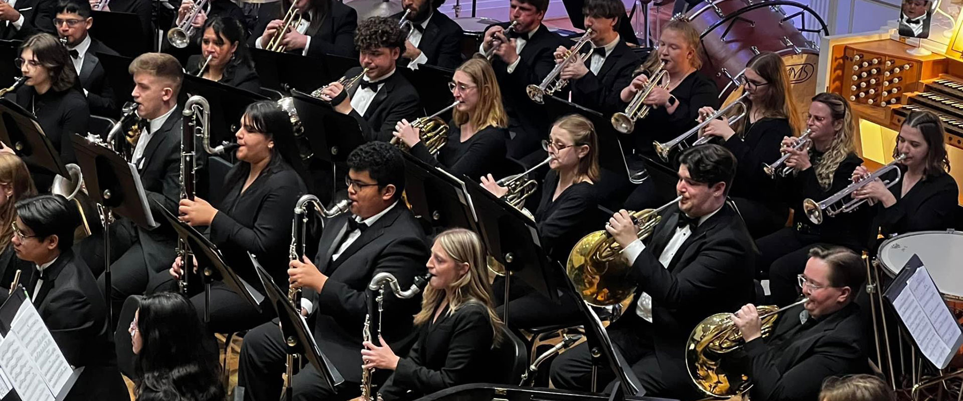 orchestra playing air instruments during performance