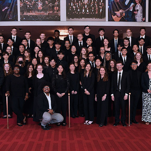 A red-carpet group photo of all Stetson University students who performed at the Kennedy Center