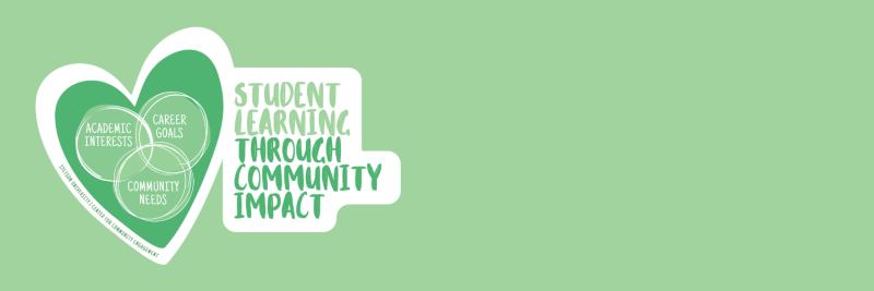 green banner student learning through community impact logo